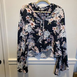 Y2K Boho Floral Bell Sleeve Tie Neck Blouse Black Pink Viscose Cottagecore Top L